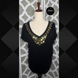 August Silk Black V Neck Embellished Gold Circle Necklace Knit Top Size Medium